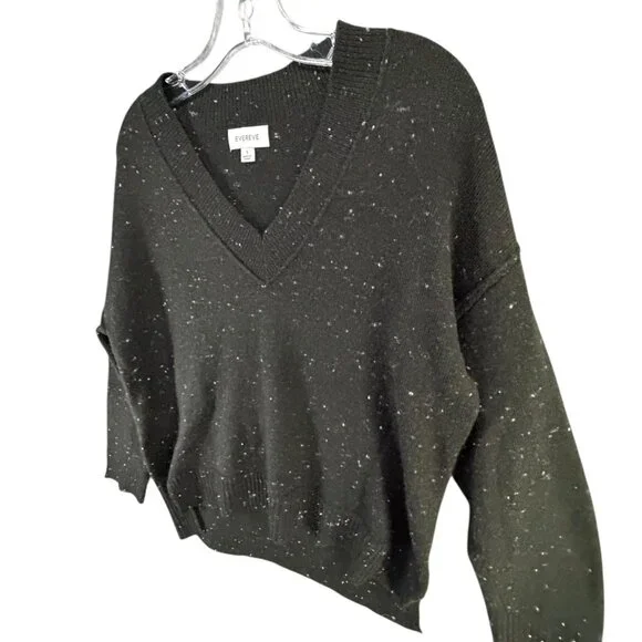 Evereve Harlow Knit Sweater S Black Speckled V Neck Drop Shoulder Pullover Cozy - Picture 3 of 12